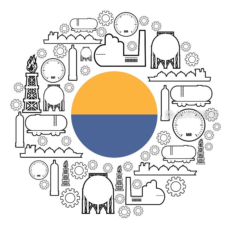 能源和电力图标设置。天然气工业设计理念。圈与工业线图标。乌克兰国旗