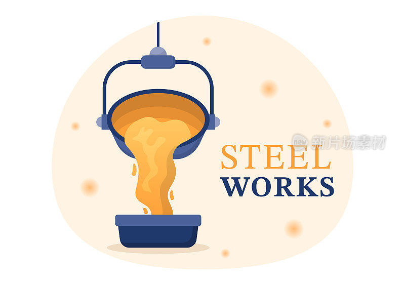 钢铁厂资源开采，金属冶炼在大型铸造和热钢浇注在平面卡通手绘模板插图