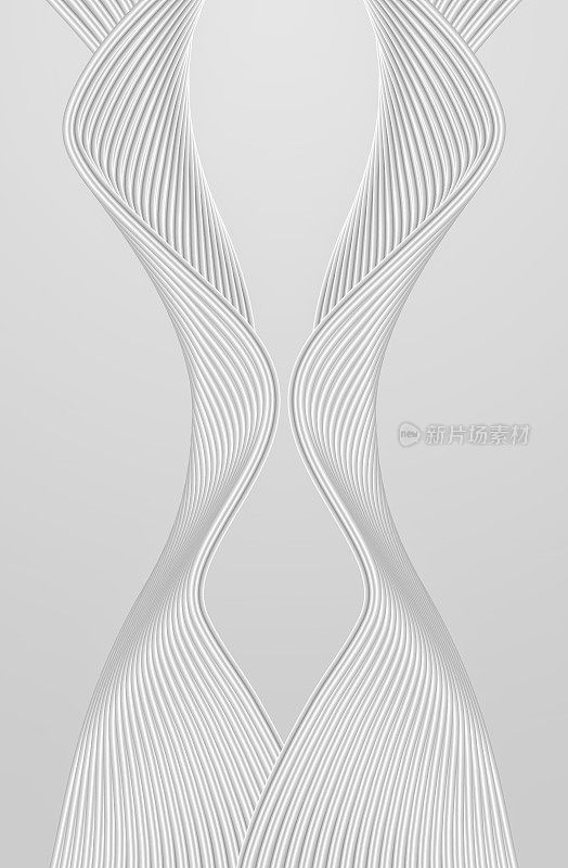 3D遮阳白色对称波浪线技术质感线，抽象图形海报背景