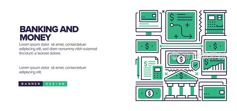 银行和货币概念登陆页，网站横幅设计，在线广告，广告和营销材料