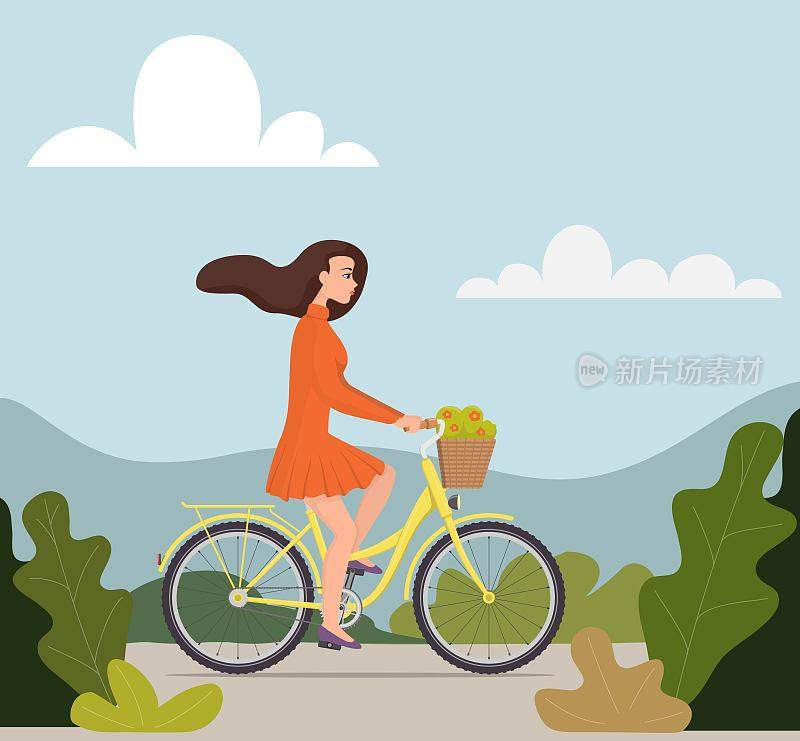 漂亮的年轻女子骑着自行车，篮子里放着花。漂亮的女孩穿着漂亮的衣服，头发在风中飘动，骑着自行车。矢量平面插图。