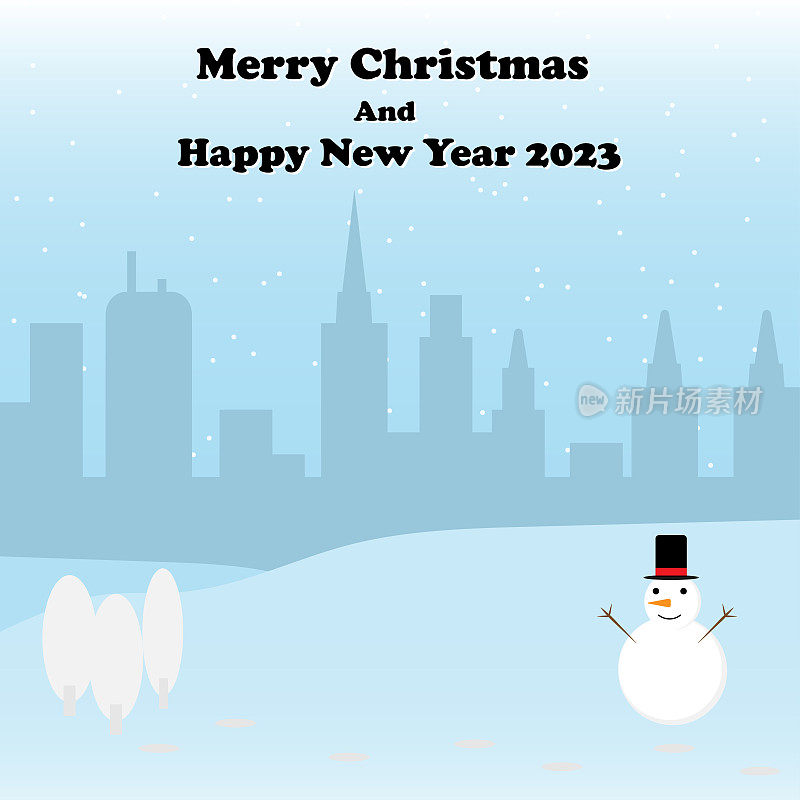 快乐的圣诞雪人在山上与阴影城市背景与雪冬天矢量明信片