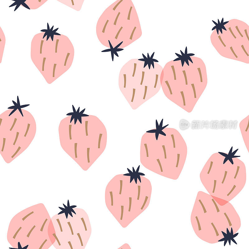 无缝夏季图案与极简的粉色草莓。现代水果背景。矢量图