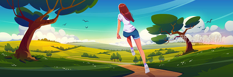 乡村景色，女孩在路上奔跑