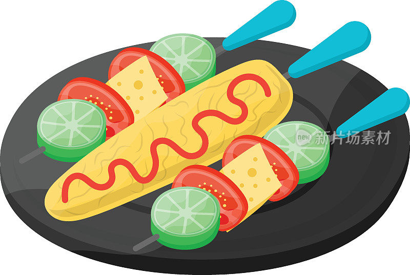 烤箱烤玉米棒子与蔬菜概念，矢量图标设计，快餐符号，垃圾食品标志，流行便宜的好味道的零食库存插图