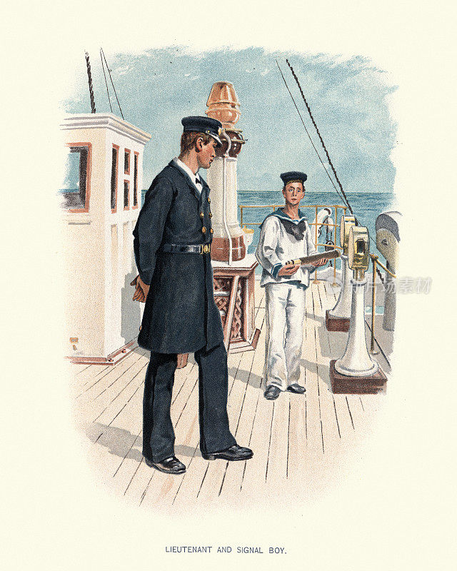 英国皇家海军中尉和信号男孩在军舰甲板上，维多利亚军事历史，19世纪，19世纪90年代