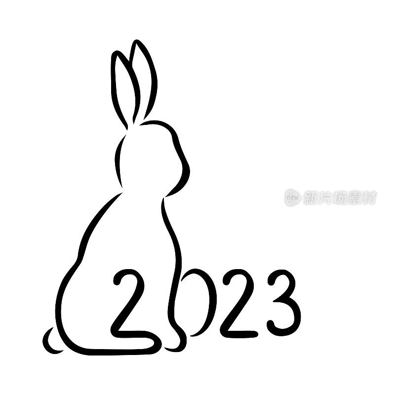 2023年新年涂鸦海报线条艺术。黑色轮廓兔轮廓孤立在白色背景上。街头艺术，涂鸦，模板，横幅，卡片。手绘涂鸦现代矢量插图。