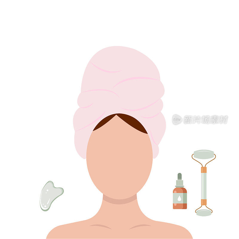 面部按摩及护肤理念。女人用玉辊做面部美容水疗程序。早晨例行公事。矢量插图在平面卡通风格