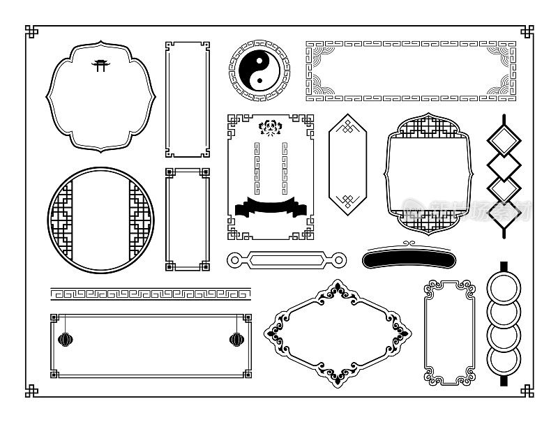 亚洲经典的东方画框装饰线条画古色古香的复古设计