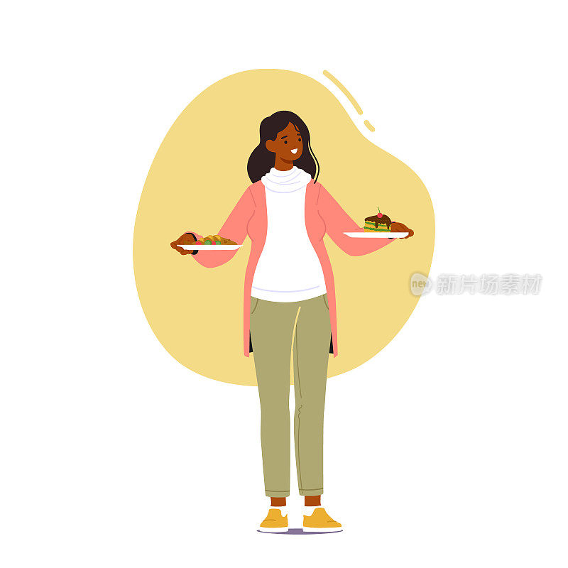 孕妇站在厨房里拿着两个盘子，在健康和不健康的饮食之间做出选择