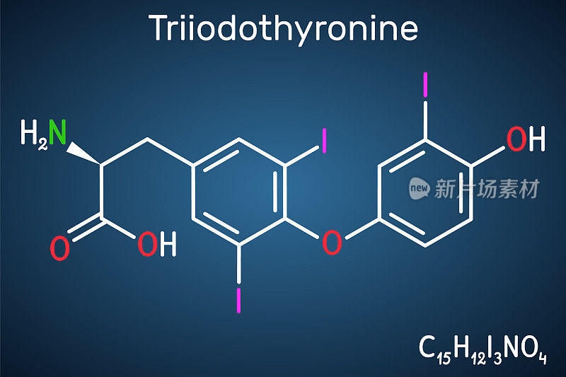 三碘甲状腺原氨酸T3，碘甲状腺原氨酸分子。它是甲状腺激素，脑下垂体激素，用于治疗甲状腺功能减退。深蓝色背景上是结构化学式。