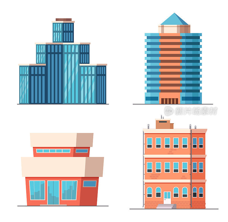 卡通写字楼、现代摩天大楼、塔楼和带公寓的房子。商业小镇建筑