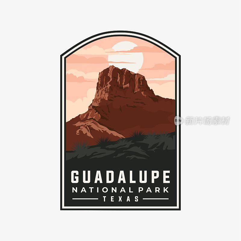 瓜达卢佩国家公园矢量模板。德克萨斯地标插图补丁徽章风格。