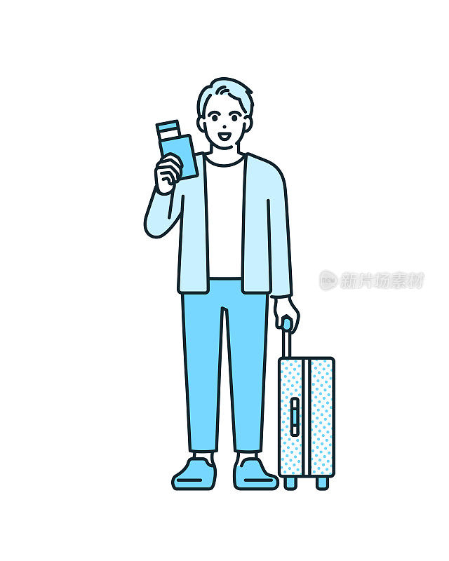 剪贴艺术的一个人旅行与一个手提箱和护照在他的手中。