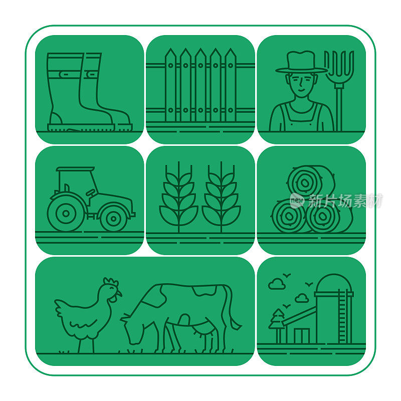 农场和农业横幅线图标集设计
