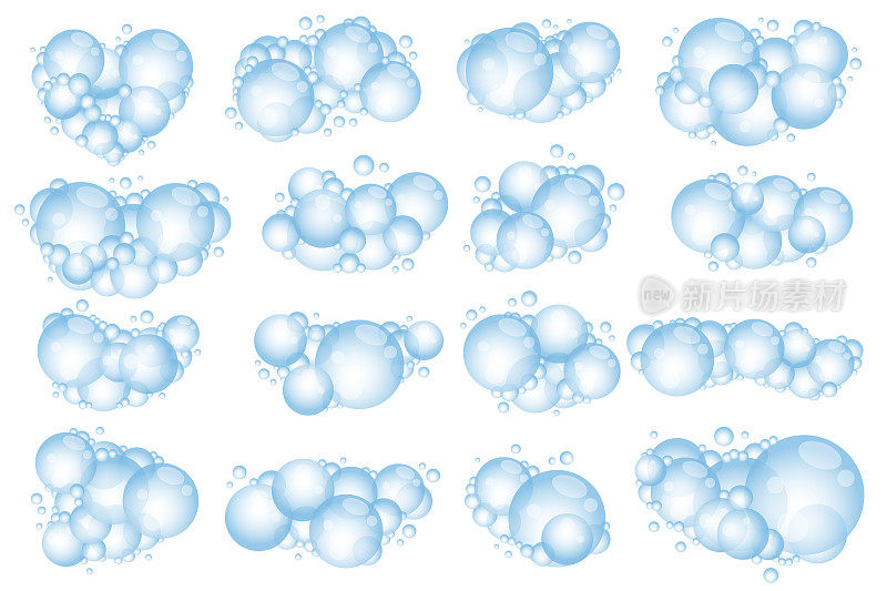 肥皂泡。洗发水的卡通沐浴泡沫。矢量插图隔离在白色背景上