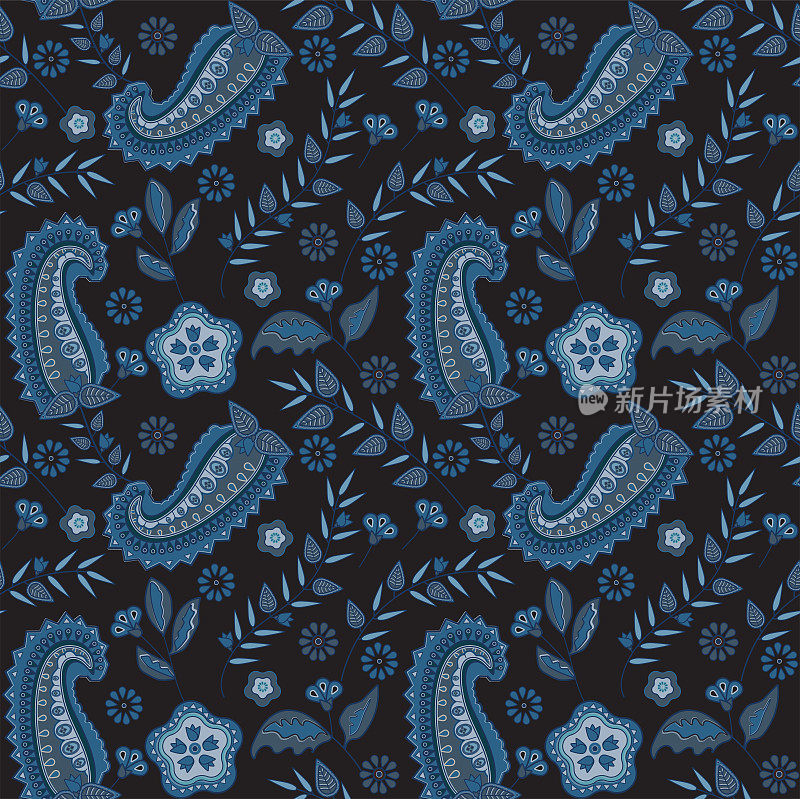 蓝黑相间的佩斯利锦缎图案。华丽的花织物样品。