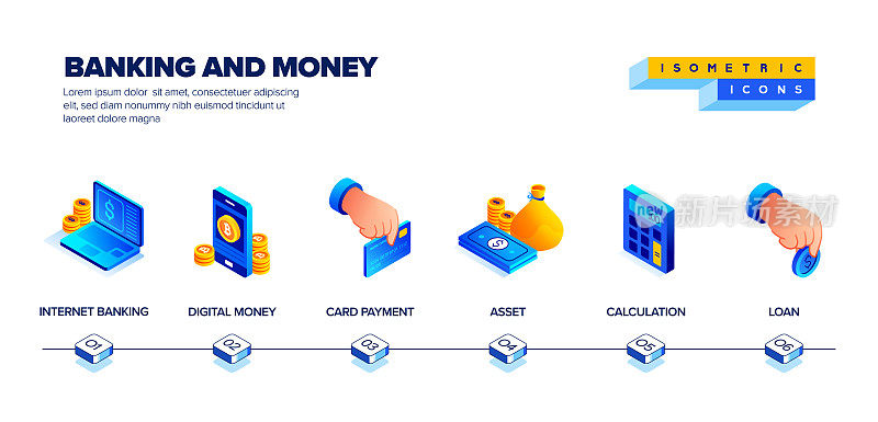 矢量插图银行和货币等距图标集和三维设计。