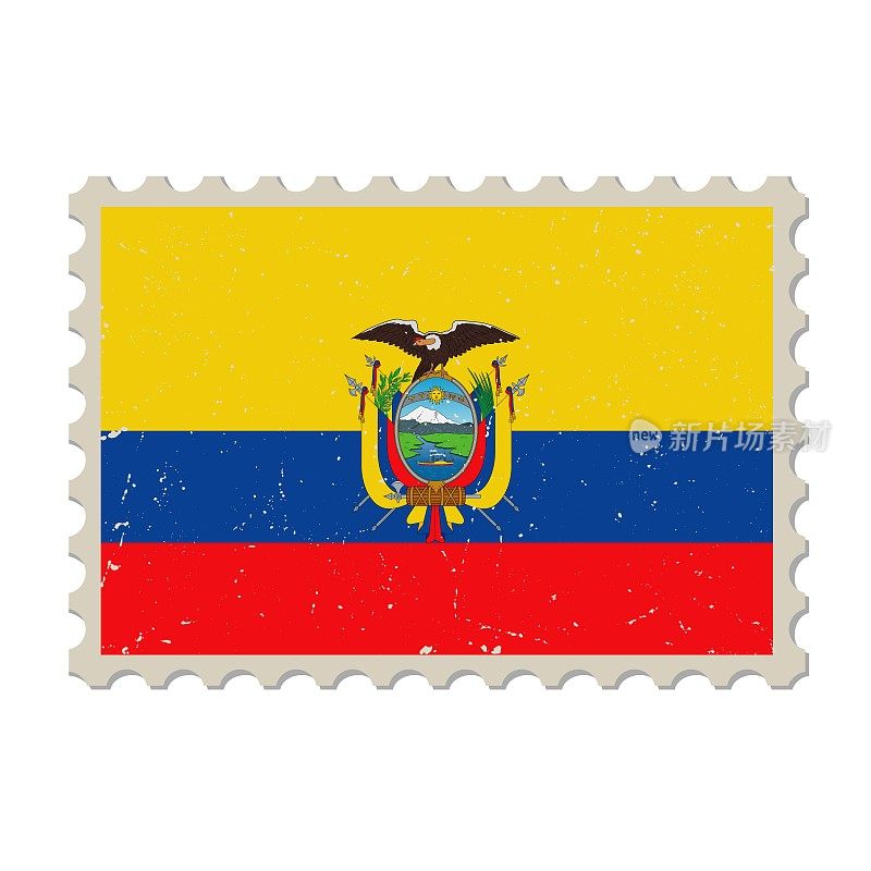 厄瓜多尔垃圾邮票。复古明信片矢量插图与厄瓜多尔国旗孤立的白色背景。复古的风格。