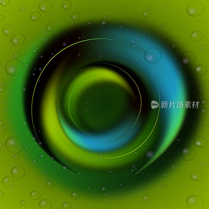 抽象的蓝色和绿色梯度螺旋背景。有雨滴的漩涡图案。