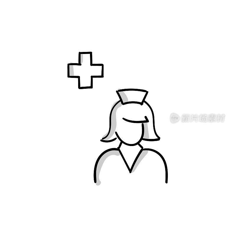 护士素描涂鸦矢量线图标与可编辑的笔触。Icon适用于网页设计、移动应用、UI、UX和GUI设计。
