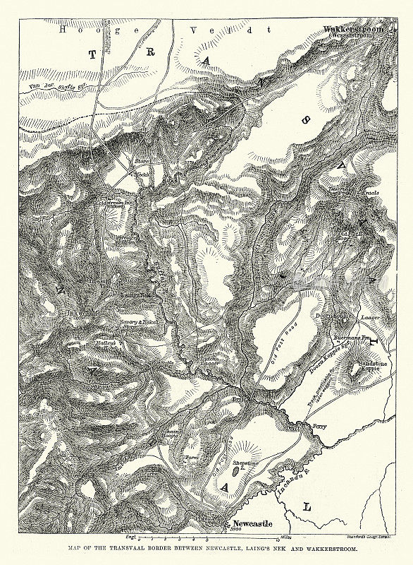 第一次布尔战争时期的德兰士瓦边界地图，位于纽卡斯尔、莱因内克和瓦克斯特鲁姆之间