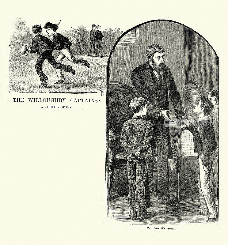 英国公立学校的男孩在老师的书房里，复古插图，维多利亚时代的教育，19世纪