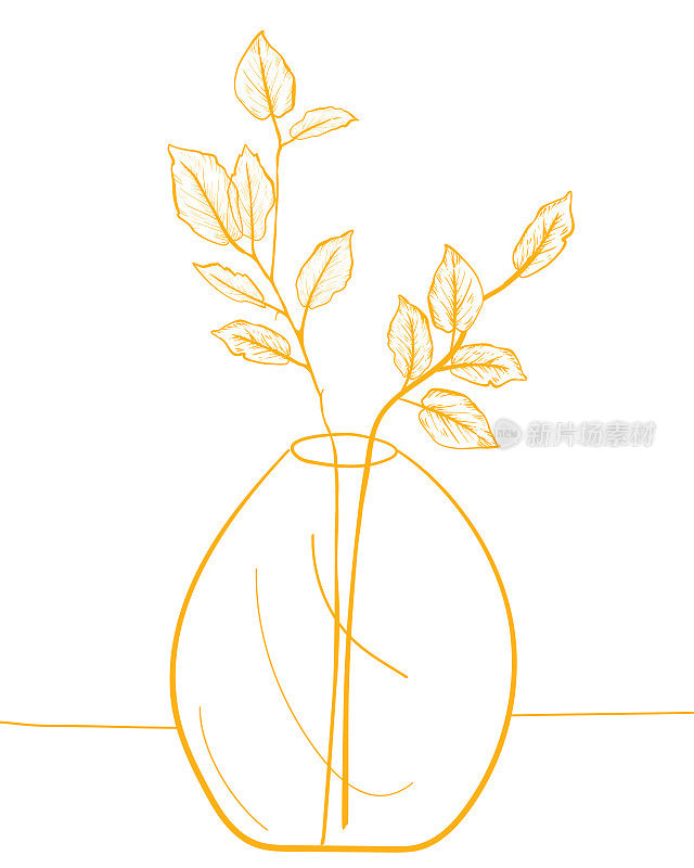 简单的线条艺术风格植物在花瓶上透明的背景