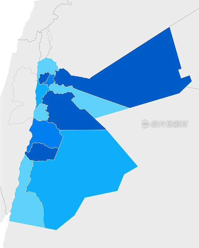 高详细的约旦蓝色地图，黎巴嫩，以色列，叙利亚，伊拉克和沙特阿拉伯的地区和国家边界