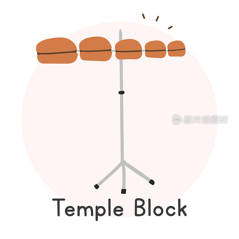 寺庙block剪贴画卡通风格。简单可爱的寺庙块与5木刻乐器平面矢量插图。打击乐器寺座手绘涂鸦风格