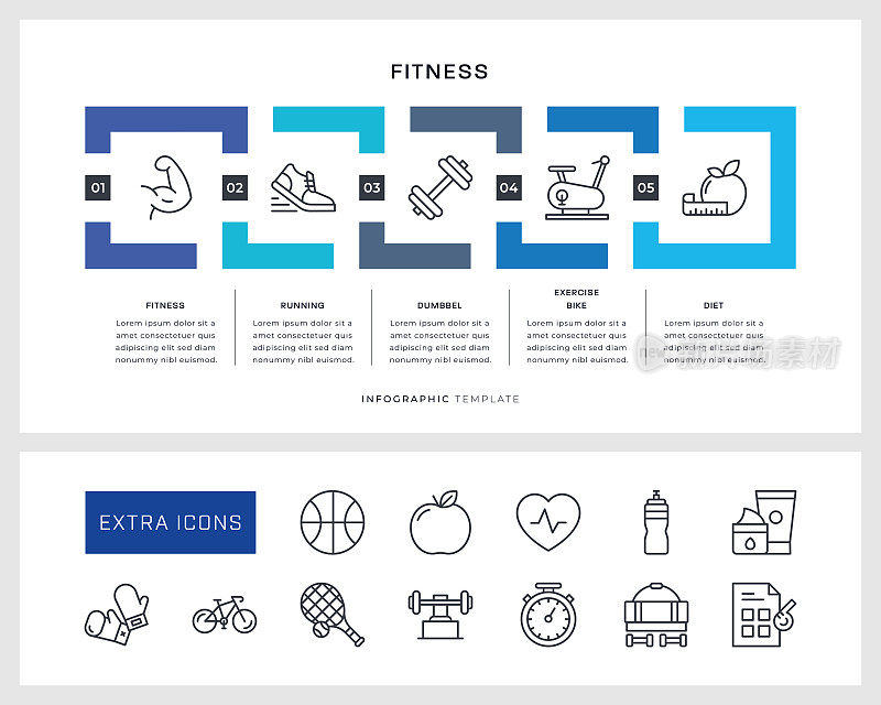 健身信息图表模板和线条图标