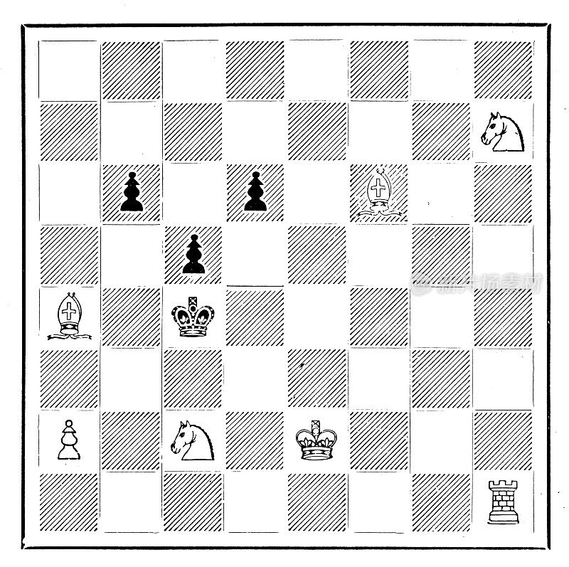 来自英国杂志的古董图片:国际象棋测验，白棋棋和三步棋