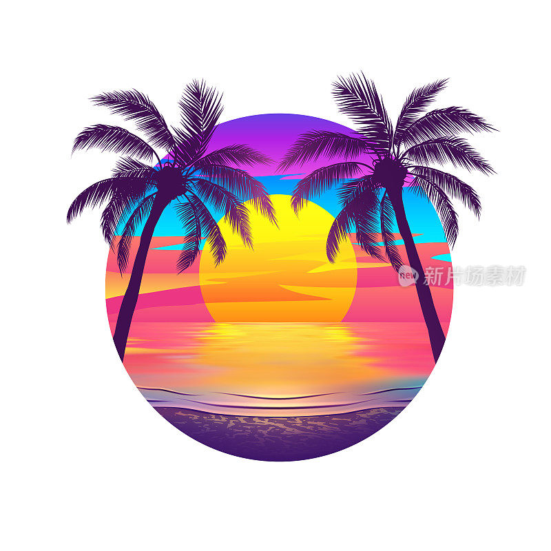 热带海滩日落与棕榈树