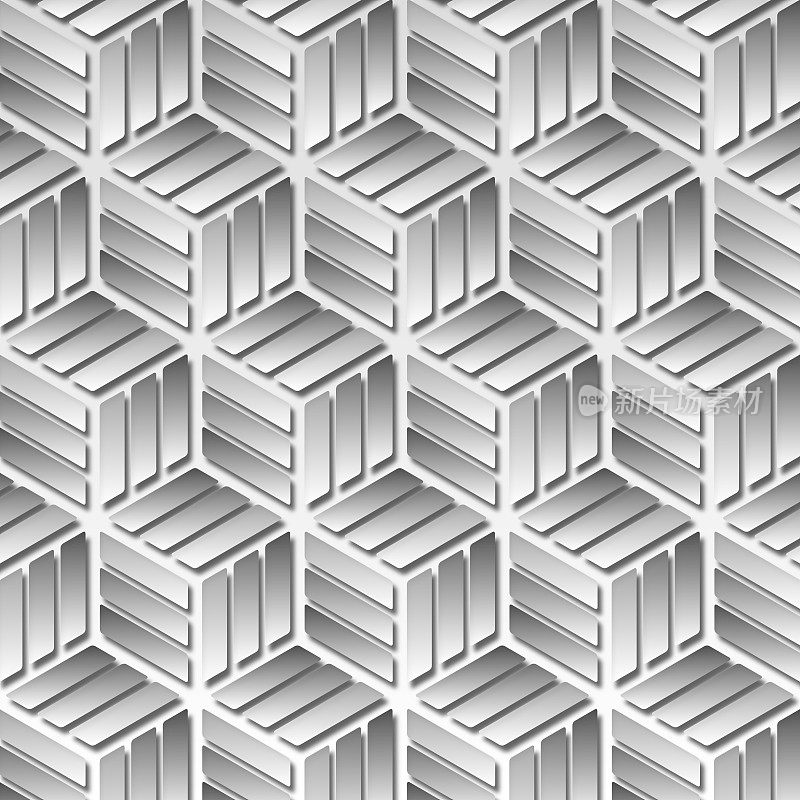 带有阴影的条纹菱形图案,精心排列形成立方体的错觉,创造出视觉上动态的几何显示。