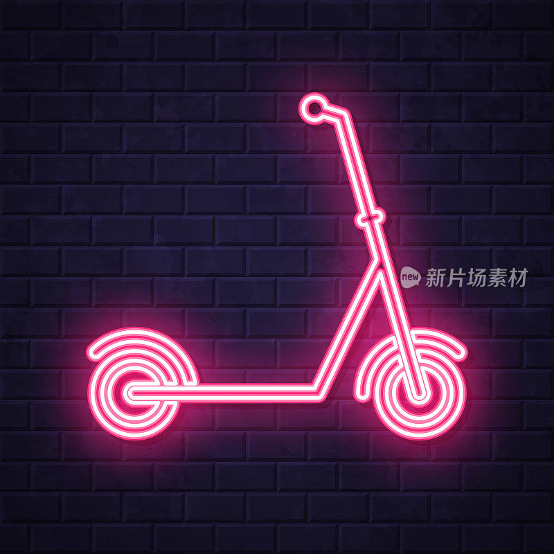滑板车。在砖墙背景上发光的霓虹灯图标