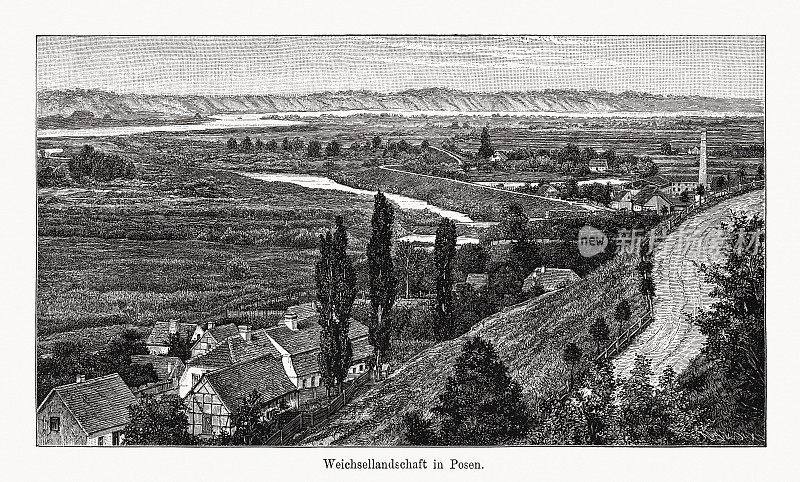 波兰波兹南维斯瓦风景，木版雕刻，1894年出版