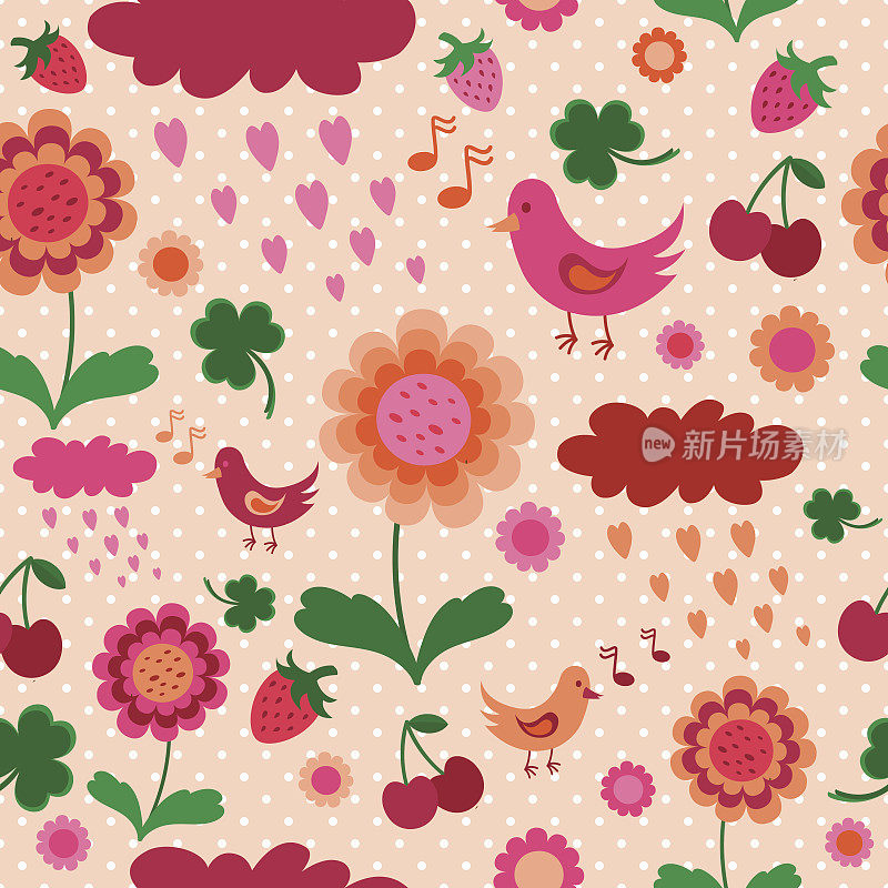 无缝橙粉色图案，鸟，浆果和花。
