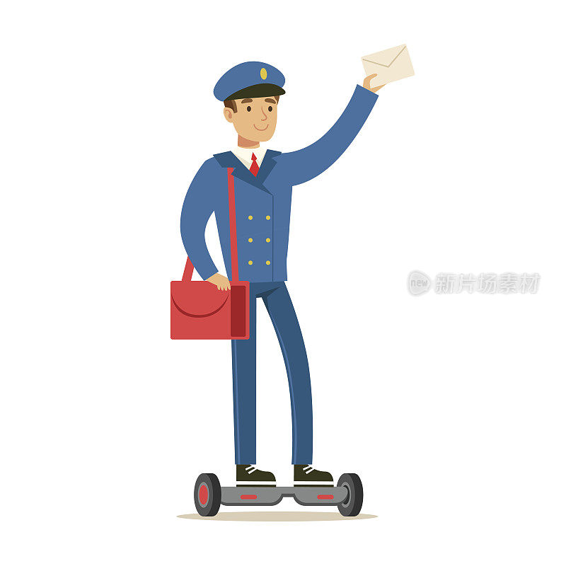 穿著蓝色制服的邮差骑著陀螺机车送信，微笑著完成邮差的任务