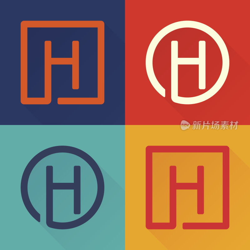 字母H平图标在圆形和方形。