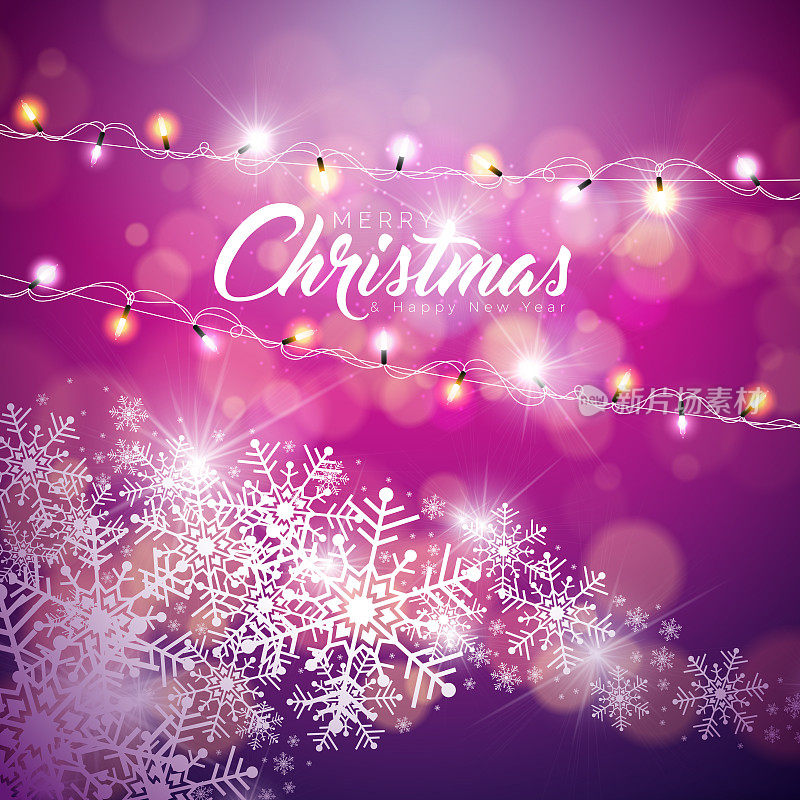 矢量圣诞快乐插图在闪亮的雪花背景排版和假日灯花环。