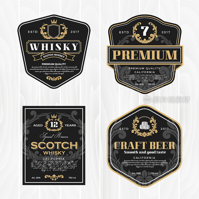 经典的复古框架威士忌标签和古董产品