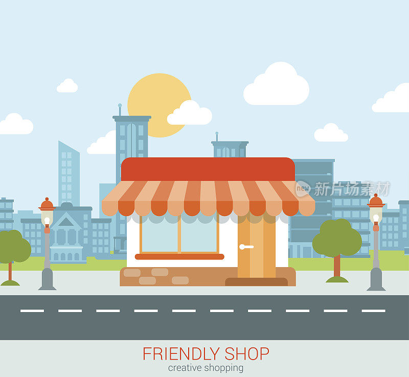 平面风格的现代小友好的商店展示在城市网络的概念向量。在街道的边缘上有一家小商店，里面有marquise遮阳板。小型商业零售网站概念插图。