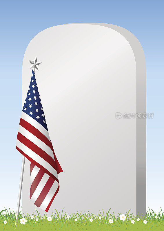 矢量纪念日美国国旗和墓碑上的绿色草地