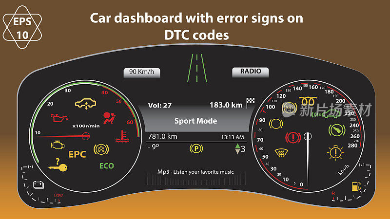 汽车仪表盘矢量格式。收集汽车面板指示灯，黄色，红色，绿色，指示灯，仪表，转速，DTC代码，MP3条，距离，平均标志。