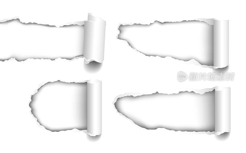 一组真实的向量洞在纸上撕裂与卷曲的边缘在白色的背景