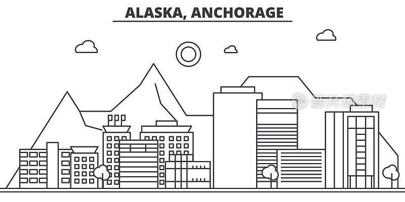 阿拉斯加，安克雷奇建筑线天际线插图。线性向量的城市景观与著名的地标，城市景观，设计图标。风景与可编辑的笔触