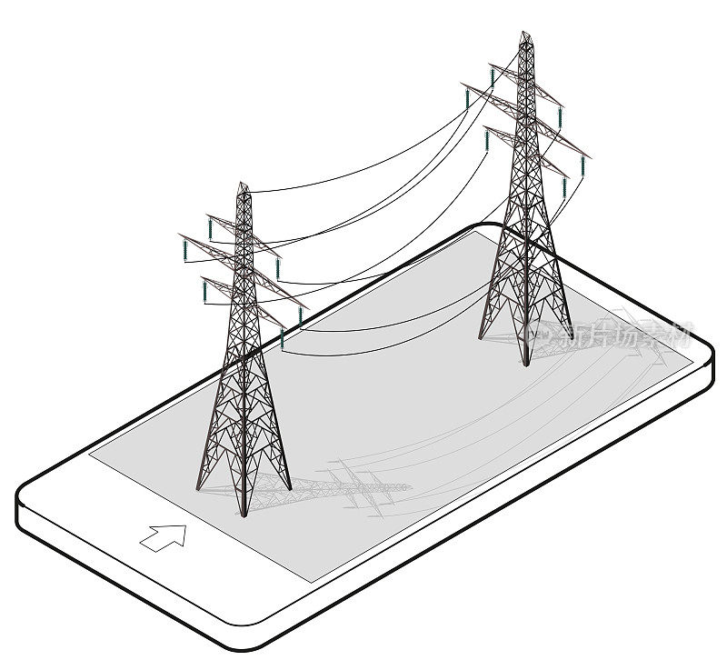 概述矢量高压铁塔在手机，等距透视。