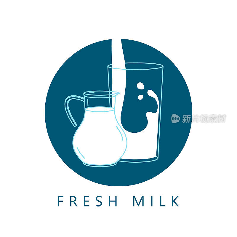 一杯牛奶和一个满罐子。设计元素、图标、符号、标志采用现代线性风格。矢量插图。