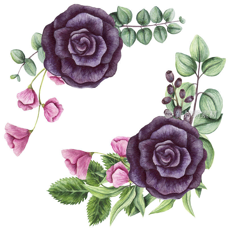 一套水彩花束与黑玫瑰