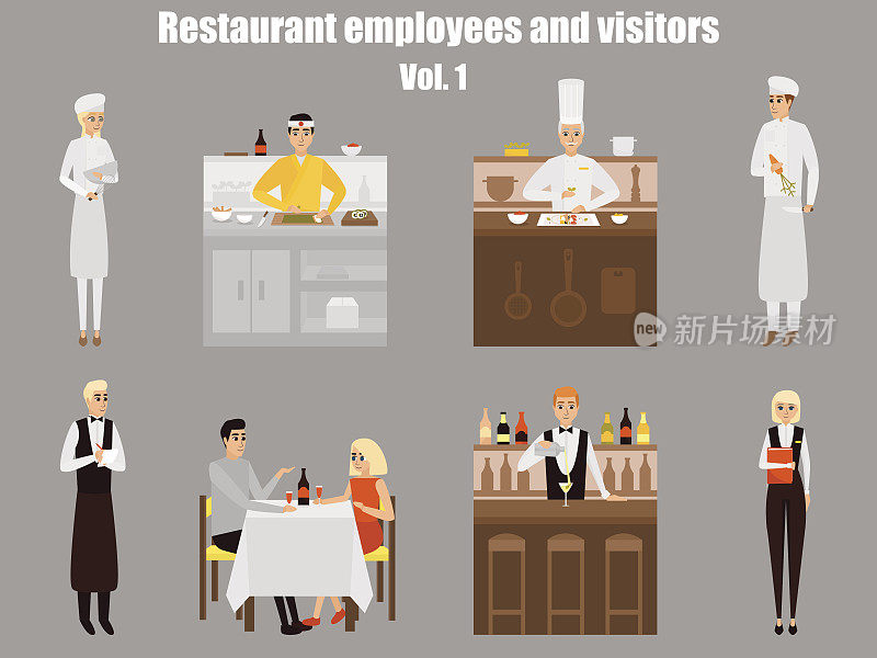 餐厅员工卡通形象。人们孤立地在餐馆工作。日本厨师烹饪寿司。一对情侣在咖啡馆约会。矢量插图在平面风格设计